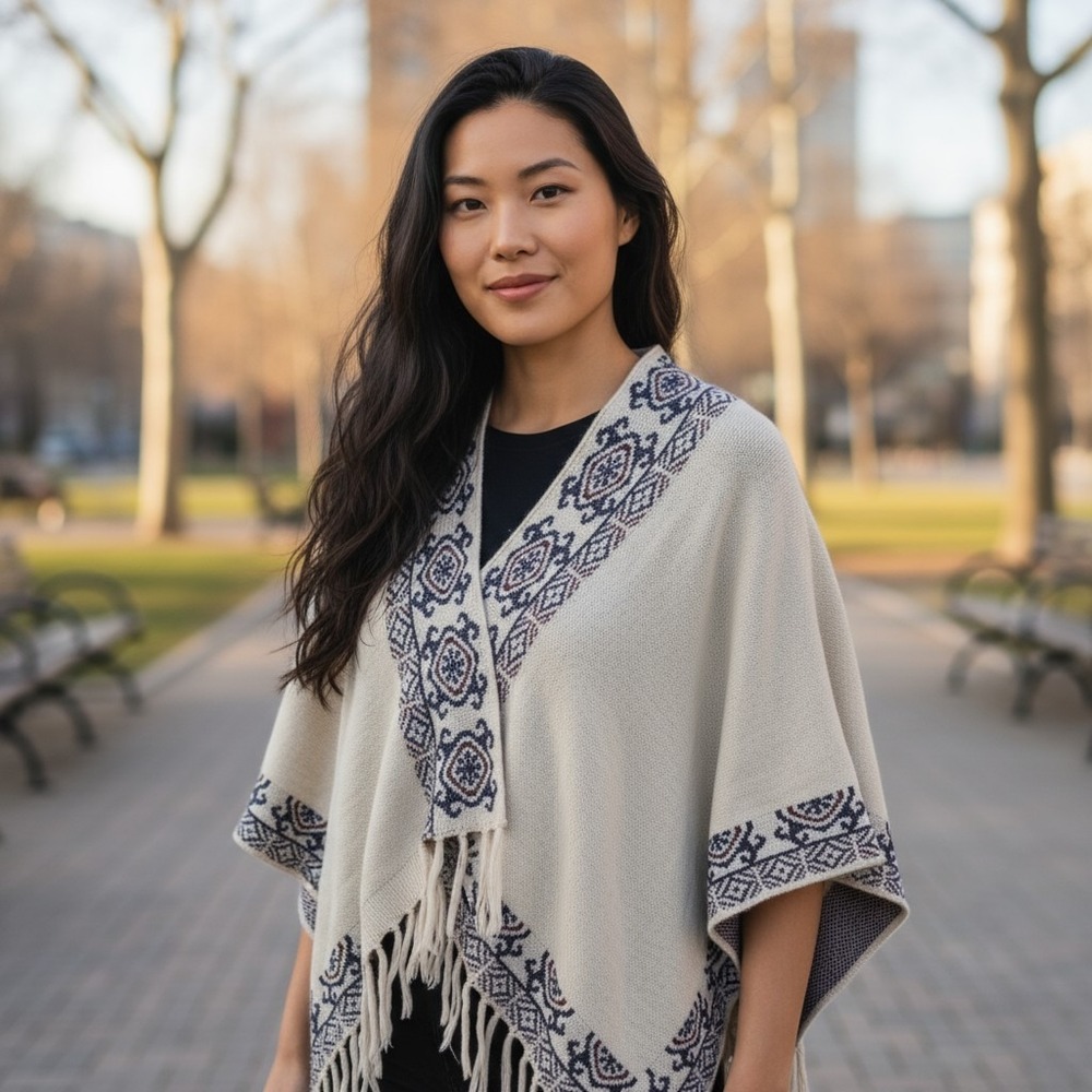 Lovestitch Women's One Size Beige Aztec Geometric Fringe Open Front Poncho‎ Cape